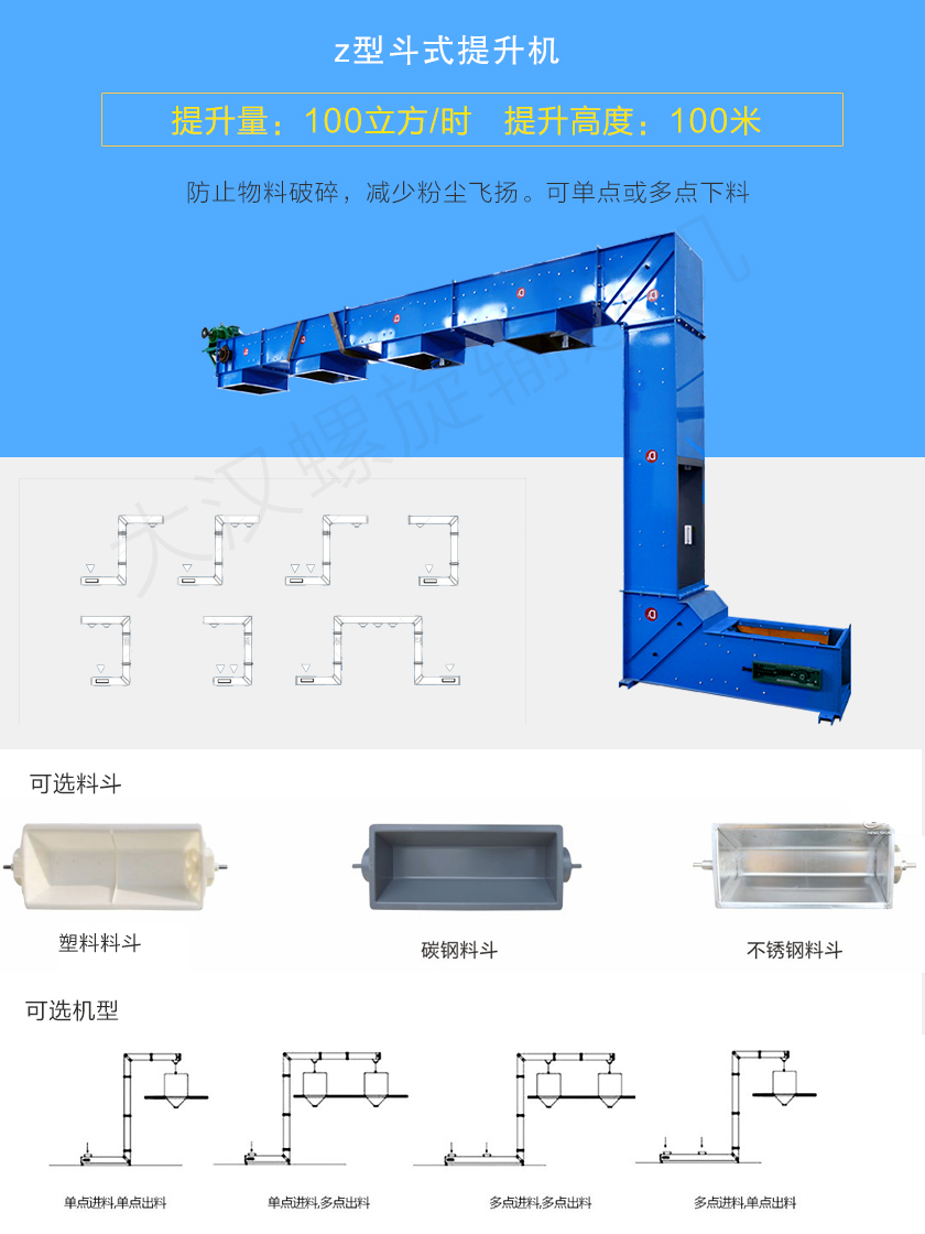 z型斗式提升机对物料本身破损小，降低废品率。整机壳体密封，降低粉尘飞扬，可z型、c型或混合型使用，单点或多点自动下料